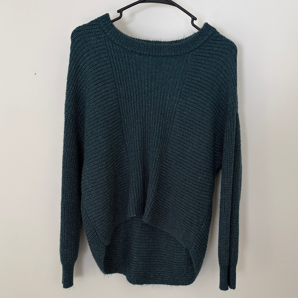 A. Byer Deep Teal Cropped Crew Neck Cable Sweater